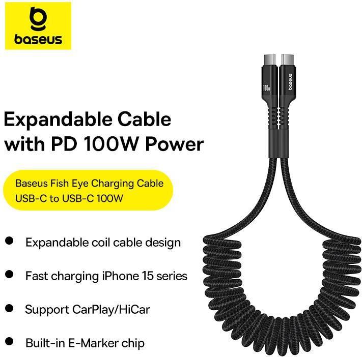Immagine prodotto Baseus Cavo di ricarica rapida da USB-C a USB-C Fish-Eye 100W, 1m (nero) (1 m, USB 3.2 Gen 1, 100 W)