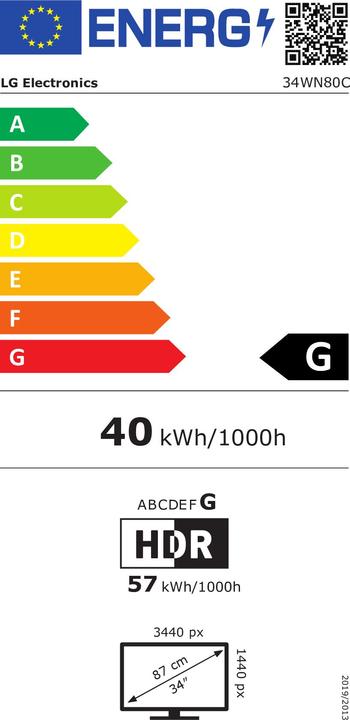 Energy Label LG 34WN80C-B/Curved/21:9 UltraWide™/WQHD/IPS/HDR10/3440x1440/60Hz/5 ms/USB-C (3440 x 1440 pixels, 34")