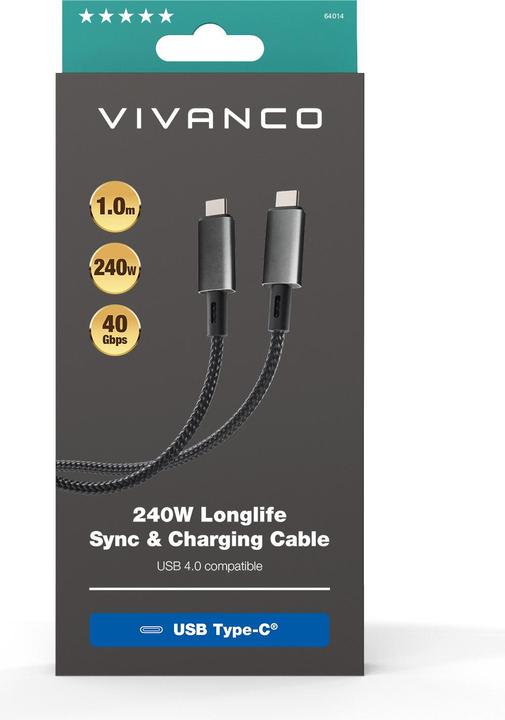 Produktbild Vivanco Longlife USB4.0 C-C Kabel, Metallstecker u. Nylon- geflecht, 5A / 240W, schwarz, 1,0m (1 m, USB 4.0, 240 W)