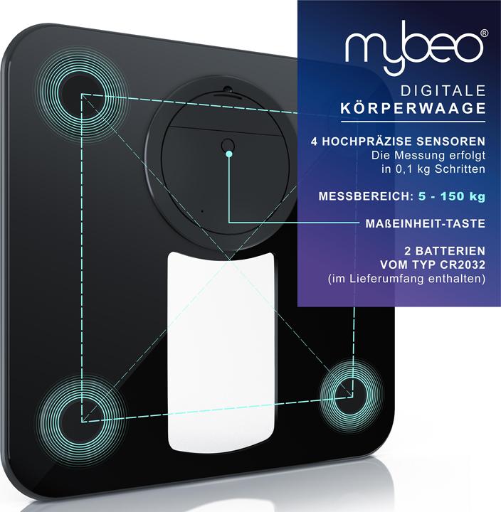 Produktbild Mybeo Digitale Körperwaage, Badezimmer Waage mit 6 mm Sicherheitsglas, Glas Personenwaage mit LCD Anzeige (150 kg)