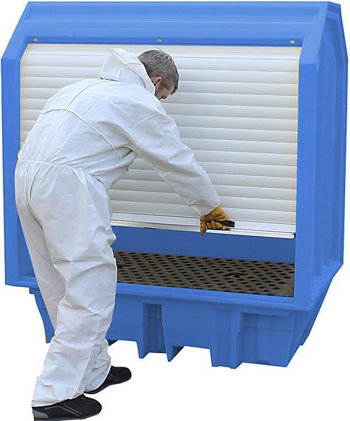 Actual product image kaiserkraft PE hazardous goods storage unit with roller shutter, for 4 x 200 l drums (230 l)