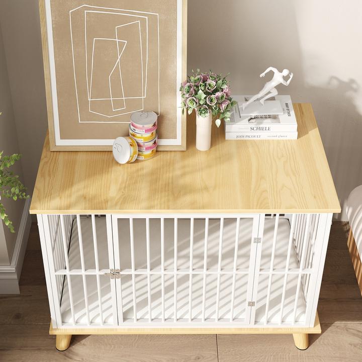 Actual product image PawHut Hundekäfig Stahl, Spanplatte Weiss+Eiche (Dog house)