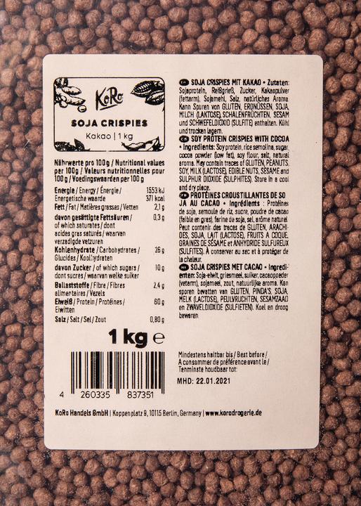 Valeurs nutritives et ingrédients KoRo Soy Crispies au cacao (1000 g)