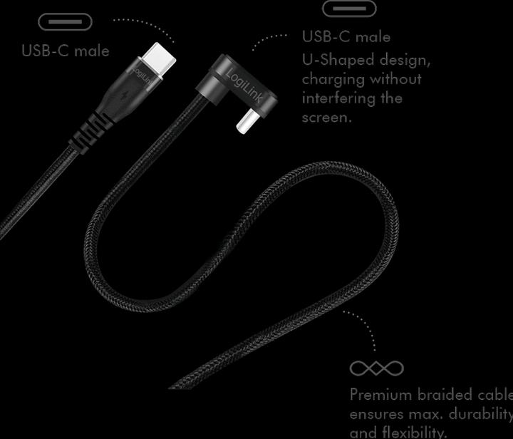 Immagine prodotto LogiLink Cavo USB 2.0 Type-C, da C/M 180° a USB-C/M, alluminio, nero, 2 m (2 m, USB 2.0, 60 W)