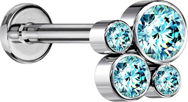 Star Piercing Micro Labret Innengewinde silber vier Kristalle aqua (ohne Messing, Titan G23)