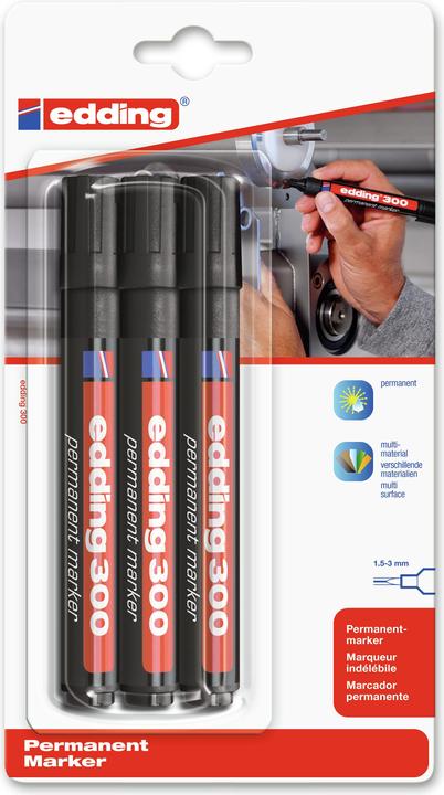 Produktbild Edding Permanentmarker 300 nachfüllbar 1,5-3 mm schwarz VE=3 Stück (Schwarz, 3 mm, 3 x)