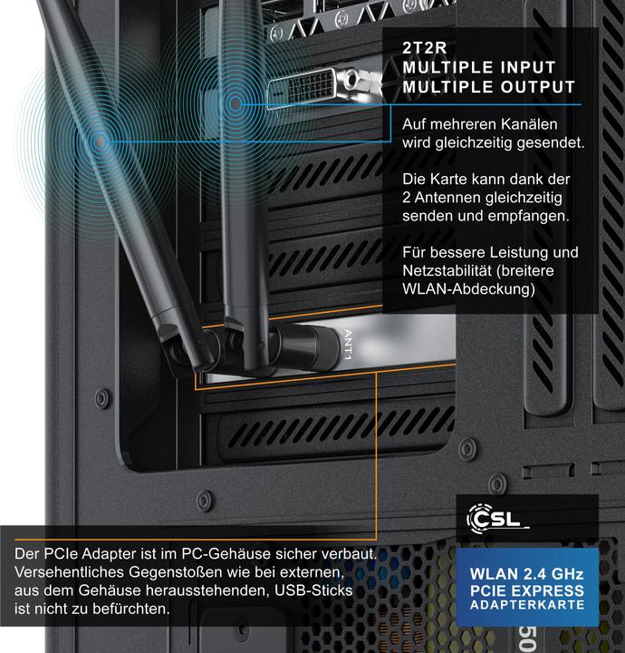 Produktbild CSL 300 Mbit s PCIe Netzwerkkarte WLAN 2,4 GHz - empfangsstarke 2T2R Hochleistungs Doppelantenne (PCI-E x1)