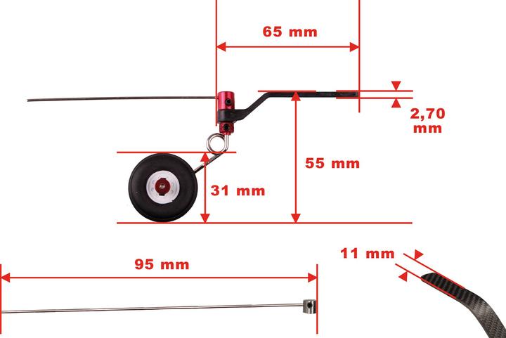 Actual product image Kuza Rear landing gear 90-120e Carbon V2 with wheel approx. 31mm steerable