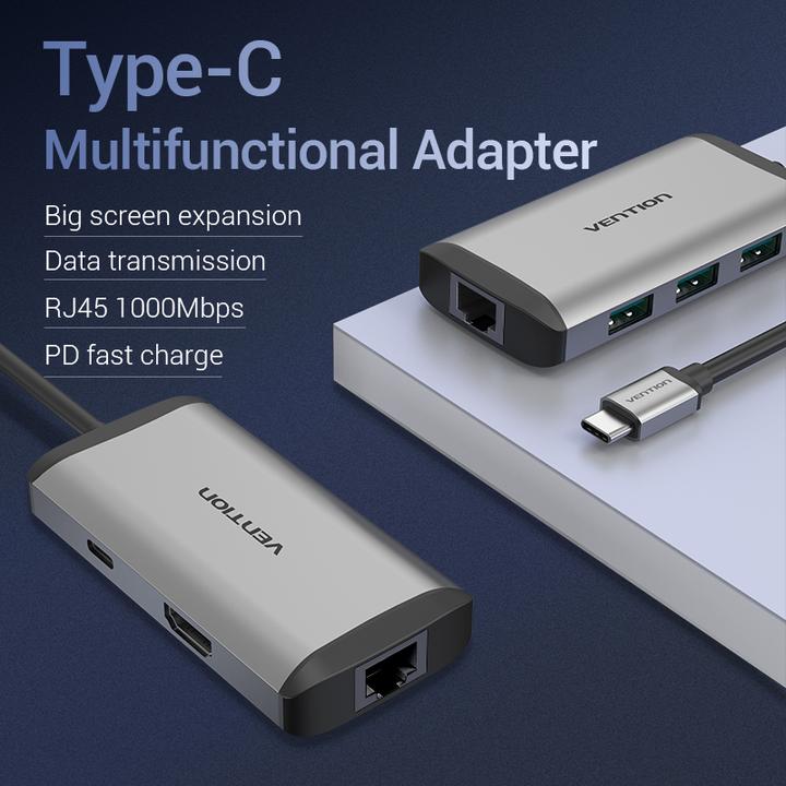 Produktbild Vention USB-C Docking Station to HDMI, 3x USB3.0, RJ45, PD 0.15m CNCHB, gray (USB-C, 4 Ports)