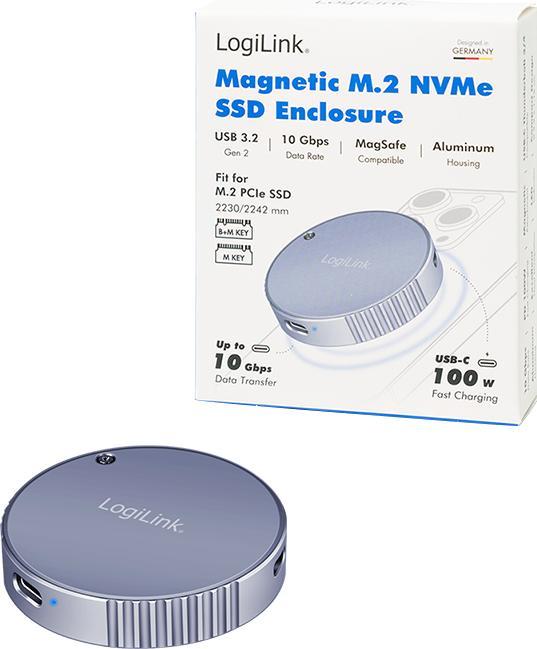 Productafbeelding LogiLink Magnetisches USB 3.2 Gen2 SSD-Gehäuse, 100 W PD, MagSafe-kompatibel, Spacegrau (M.2 2230)