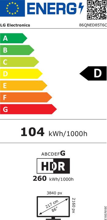 Energie-Label LG 86QNED85T6C (218 cm (86 Zoll), schwarz, UltraHD/4K, HDR10, Triple-Tuner, KI Prozessor, 120Hz Panel) (86", QNED85, QNED, 4K)