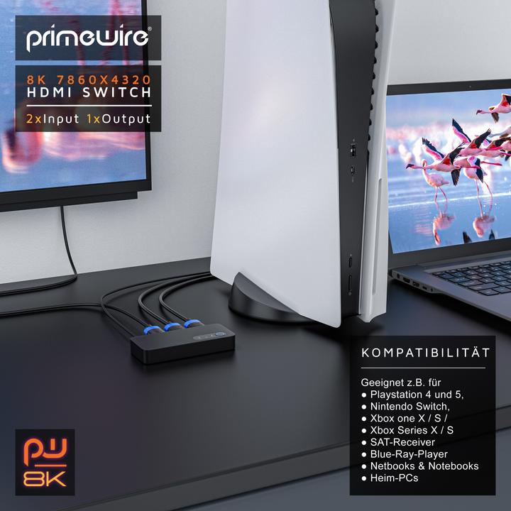 Produktbild Primewire 2-Port HDMI Splitter, 8K Aluminium HDMI Switch 2 in 1 Out UHD, Verteiler, Umschalter, 4K 3D HDR