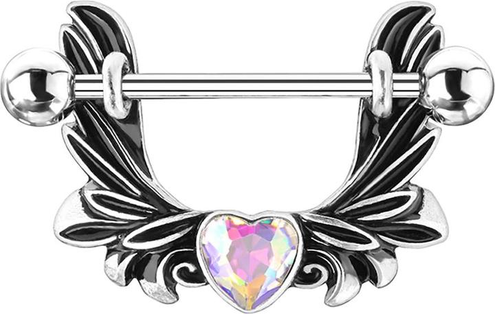 Star Piercing Barbell silber Engelsflügel Herzkristall multicolor (Chirurgenstahl 316L, Messing)