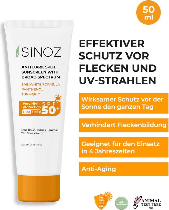 Immagine prodotto Sinoz Sonnenschutzcreme SPF50+ gegen dunkle Flecken 50ml (Crema solare, SPF 50+)