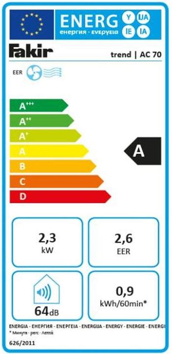 Label énergétique Fakir AC 70 (25 m², 7000 BTU/h)