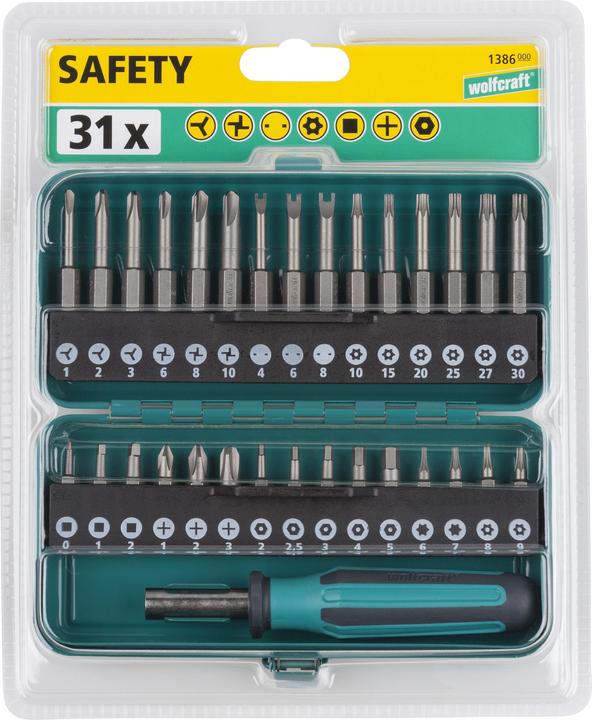 Actual product image wolfcraft wolfcraft 1 Combi Safety Bit Box Solid 31 pcs. (Cross Phillips PH M1, Cross Phillips PH M2, Hexagon socket TX M6, Hexagon socket TX M7, Cross Phillips PH M3, Hexagon socket with hole M2, Hexagon socket with hole M2.5, Hexagon socket with hole M3, Hexagon socket with hole M4, Hexagon socket with hole M5, Hexagon socket TX with hole M8)