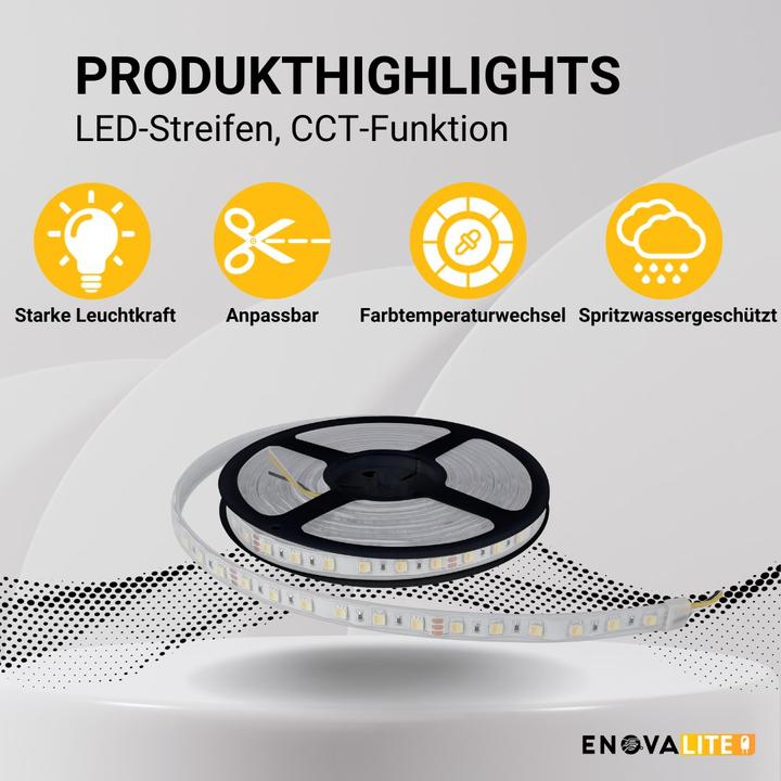 Image du produit Enovalite Bande LED avec fonction CCT, lumière blanche chaude, neutre et froide (Blanc chaud, Blanc neutre, Blanc froid, 500 cm, Intérieur, Extérieur)
