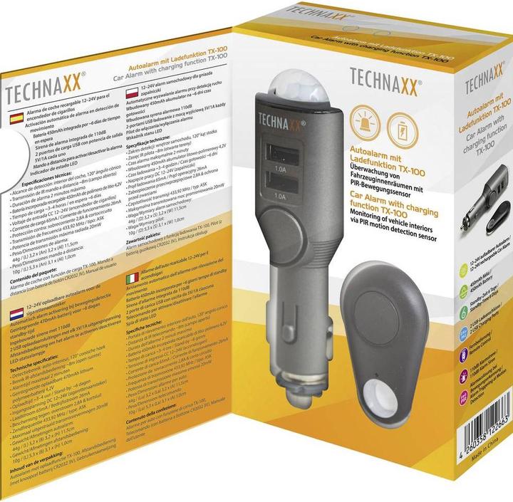 Actual product image Technaxx TX-100 auto alarm with charging function