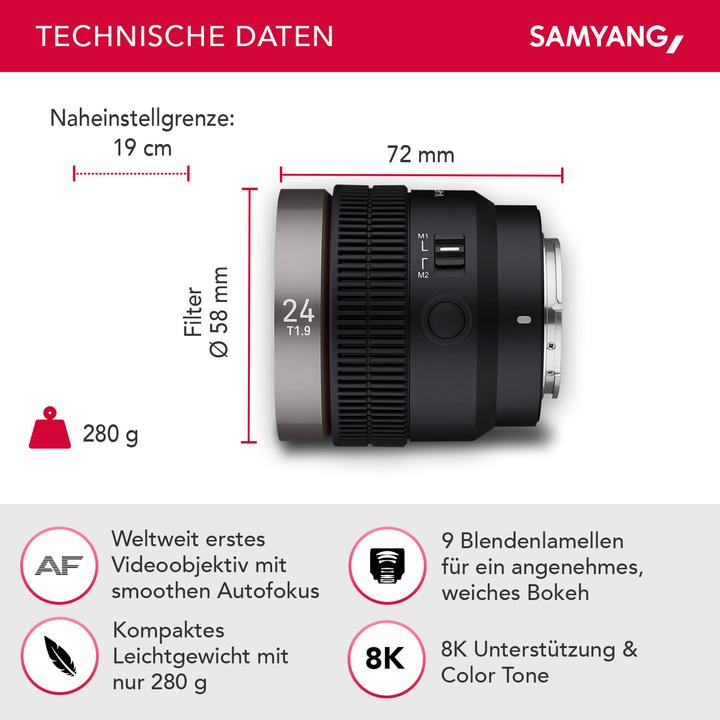 Image du produit Samyang V-AF 24mm T1.9, Sony E (Sony E, APS-C / DX, Plein format)