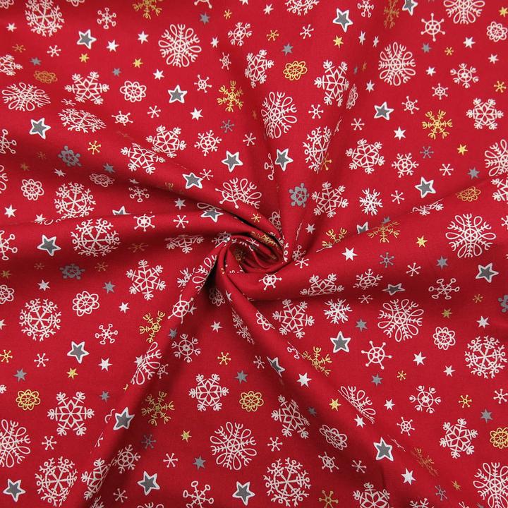 Image du produit Stoffrestposten Coton - Flocons de neige blanc & or sur rouge - vente minimum : 1 mètre