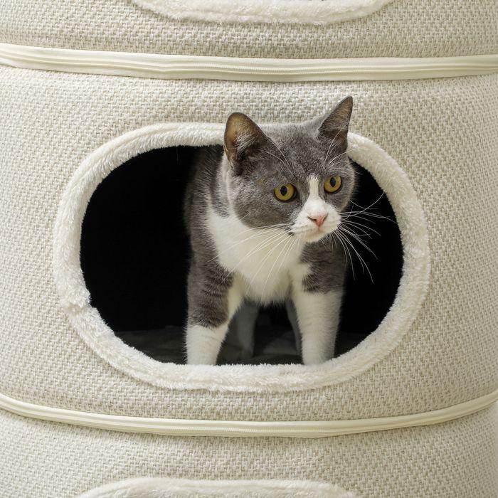 Produktbild Swisshandel24 Kratztonne, 100 cm hoch Katzentonne mit 3 Höhle, Kratzbaum für Katze bis 6 kg (100 cm, Kaffeebraun+Cremeweiss)