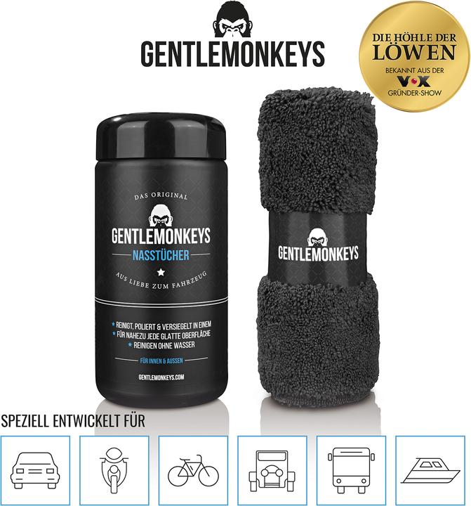 Produktbild Die Höhle der Löwen Gentle Monkeys Fahrzeugreiniger Nasstücher 20er-Set + Mikrofasertuch (300 ml)