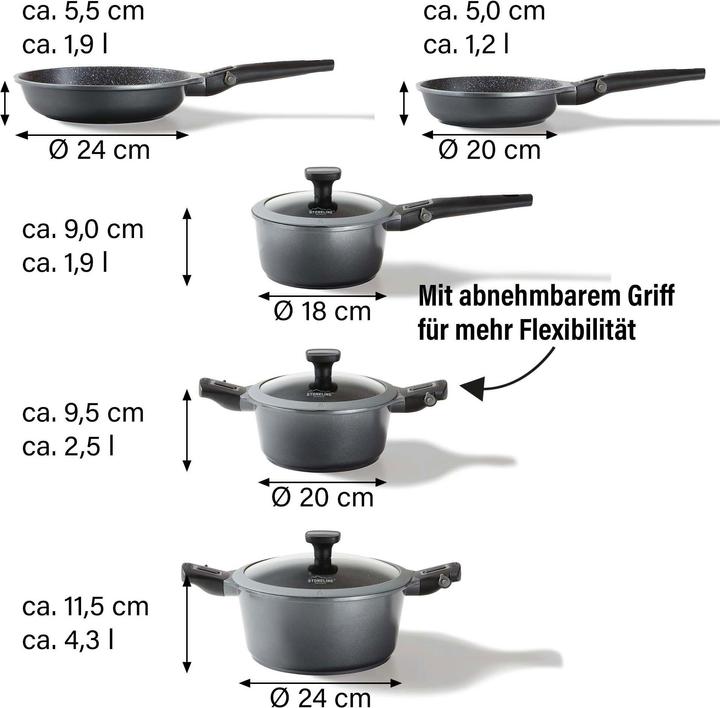 Produktbild Stoneline Imagination PLUS Kochgeschirr-Set, 8-tlg., mit abnehmbaren Griffen (Pfannenset + Topfset, Gusseisen)