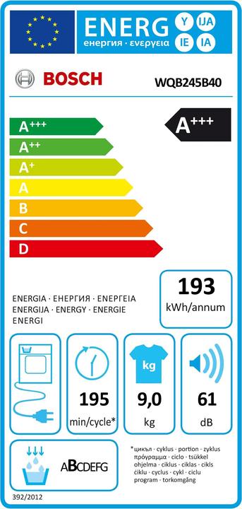 Energy Label Bosch Hausgeräte WQB245B40 (9 kg, Right)