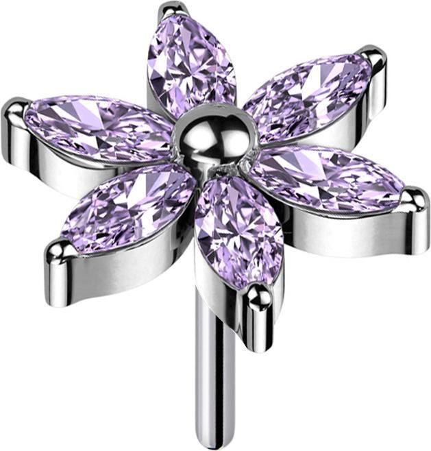 Star Piercing Threadless Blume silber Kristalle violett (Titan G23, ohne Messing)