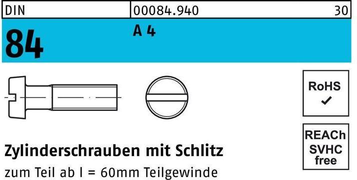Produktbild Zylinderschraube DIN 84/ISO 1207 Schlitz M 8 x 45 A 4 (50 Schrauben pro Stück)