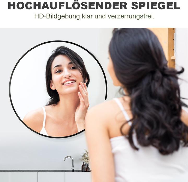 Produktbild SONNI runder Wandspiegel, 40 cm, schwarzer Aluminiumrahmen, Wandmontage, hochauflösender Glas-Kosmet