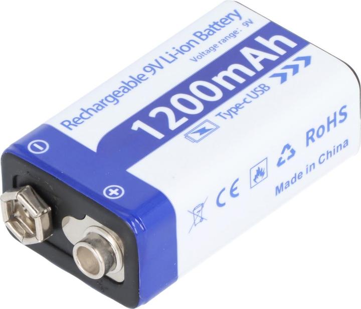 Actual product image AccuCell 9V Akkublock mit USB-C Ladeanschluss, Li-ion, 7,4V, 1200mAh, 8,1 Wh (1 pcs., 1200 mAh, Rechargeable battery)