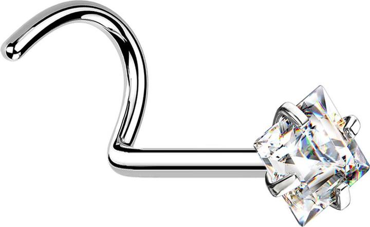 Star Piercing Nasenstecker gebogen silber quadratischer Kristall silber gefasst (ohne Messing, Chirurgenstahl 316L)
