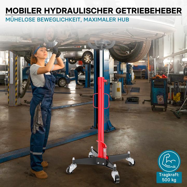 Produktbild Wiltec Getriebeheber mobil hydraulisch 500kg 110-190cm Rollen Aufnahmekralle Lkw