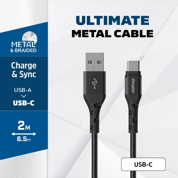 Produktbild Energizer Kabel aus Metall / geflochtenem Nylon - USB-C - 2 m, schwarz (2 m, USB 2.0)