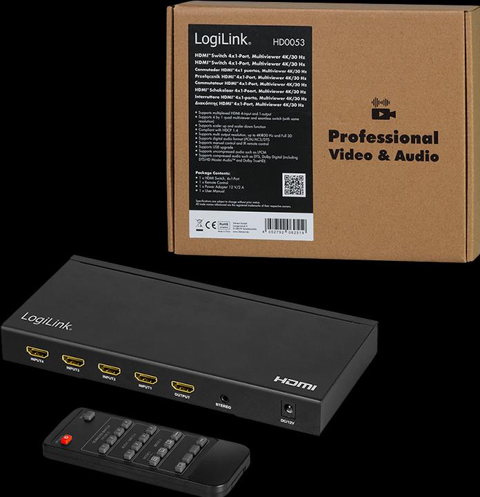 Produktbild LogiLink HDMI-Switch 4x1-Port, Multiviewer, 4K/30 Hz, Scaler, Seamless, RC