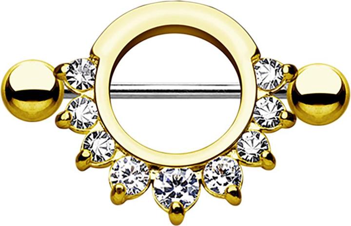 Star Piercing Barbell rund mit 9 Kristallen vergoldet (ohne Messing, Chirurgenstahl 316L)