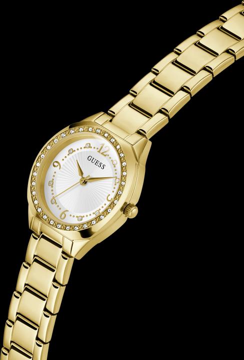 Actual product image Guess P GLD CS W/ CRYS / SUN WHT DL / P GLD BRCT Wristwatch (Watch with gemstone, 30 mm)