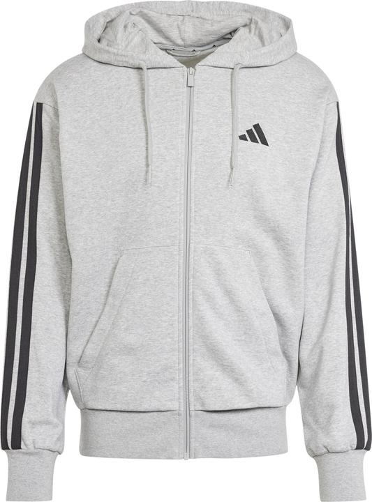 adidas Felpa con cappuccio Essential Three Stripes French Terry Fullzip da uomo, Grigio medio/Nero, XL (XL)
