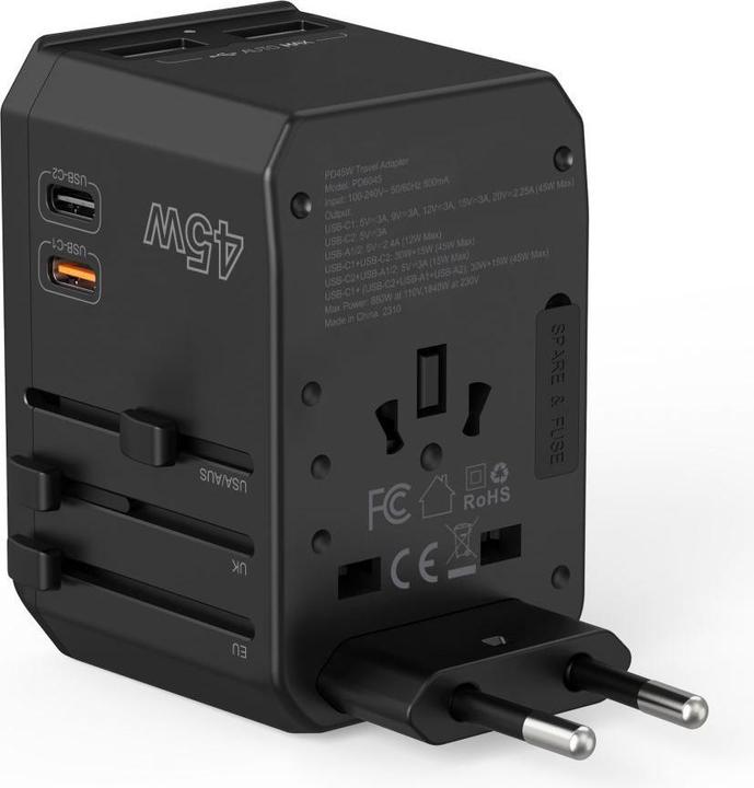 Produktbild Choetech PD6045 USB-C USB-A 45W GaN Reiseladegerät mit US EU UK AU Steckern – Schwarz (45 W)