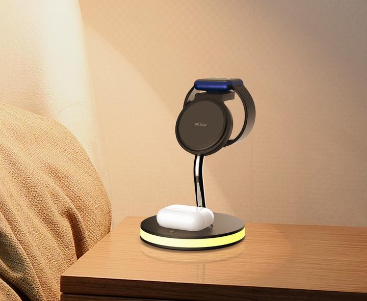 Actual product image Deltaco 3-in-1 magnetinis belaidis įkroviklis, telefonas/TWS/laikrodis, LED lemputė / QI-1041 (18 W)