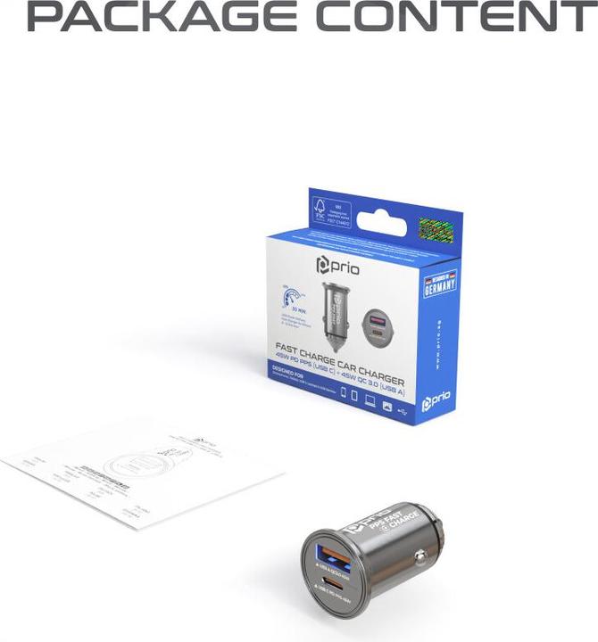 Image du produit prio Chargeur de voiture Fast Charge 45W PD (USB C) + 45W (USB A) noir