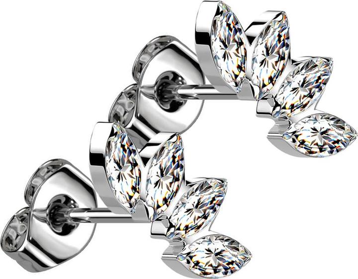 Star Piercing Threadless Ohrstecker silber Fächer mit vier Kristalle silber (Titan G23, ohne Messing)