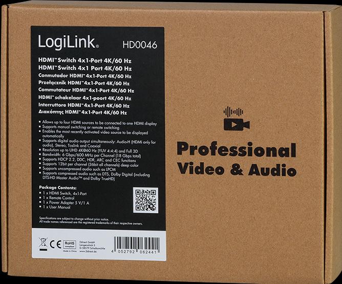 Actual product image LogiLink HDMI switch, 4x1 port, 4K/60 Hz, HDCP, HDR, ARC, Audio Extract, RC