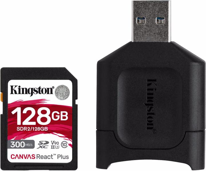 Produktbild Kingston Canvas React Plus, inkl Adapter (128 GB, SDXC, U3, UHS-II)