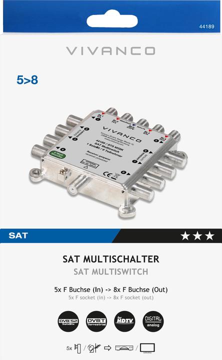 Image du produit Vivanco Commutateur multiple SAT 5/8 numérique, compact (Multi commutateur)