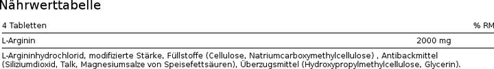 Nährwerte und Zutaten Burgerstein L-Arginin (100 Stück, Kapseln, 200 g)