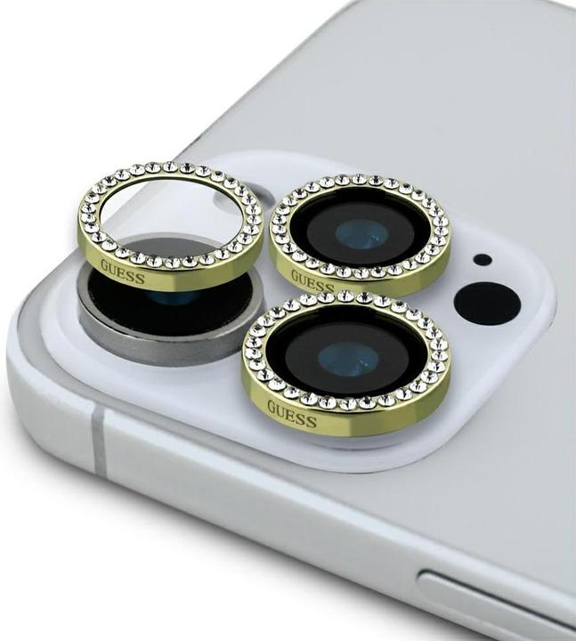 Guess Fixed Glliter Protective Lens für Apple iPhone 16 Pro, 16 Pro Max - gold (1 Stück, Apple iPhone 16 Pro Max, Apple iPhone 16 Pro)