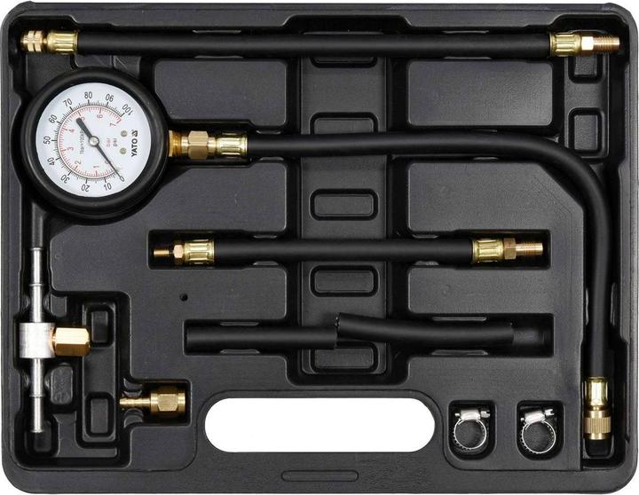 Produktbild Yato Profi Benzin Druckprüfer Set 9 TLG, mit Manometer 0-100 psi / 0-7 Bar, Flexible Ablaufschläuche