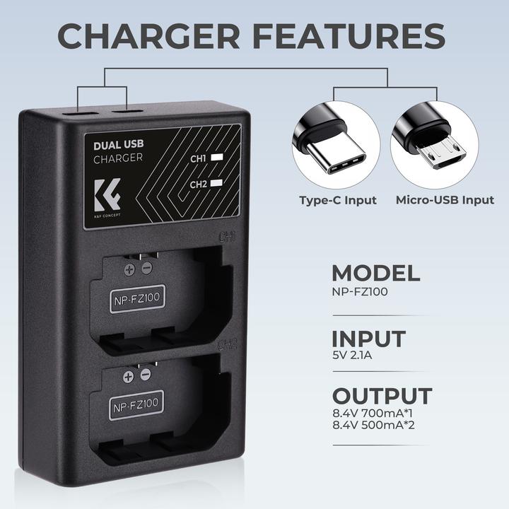 Actual product image K&F Concept FZ100 Digital Camera LED Dual Channel Charger with Type C Charging Cable (Camera battery charger)